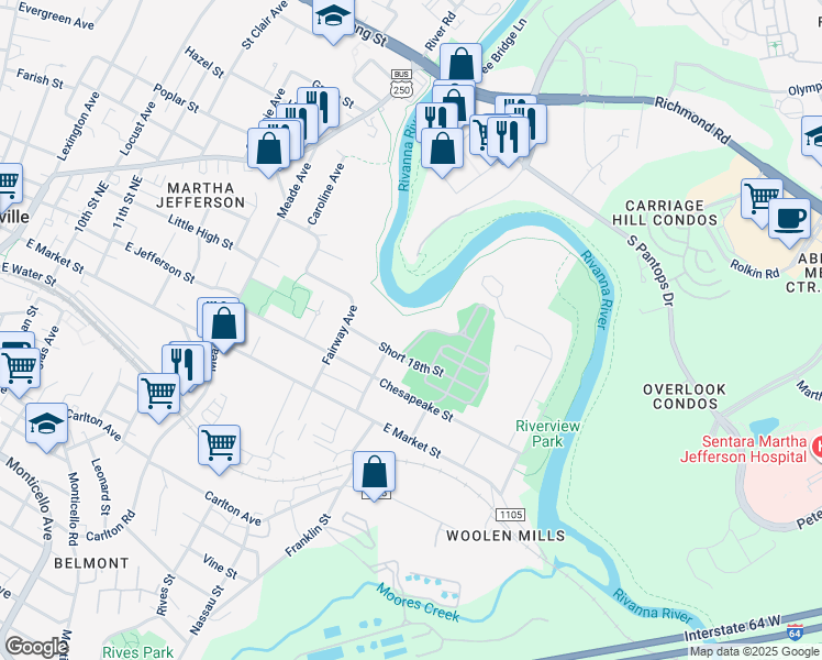 map of restaurants, bars, coffee shops, grocery stores, and more near 1505 Short 18th Street in Charlottesville