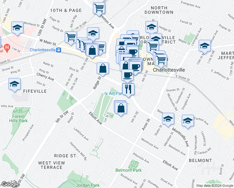 map of restaurants, bars, coffee shops, grocery stores, and more near 528 1st Street South in Charlottesville