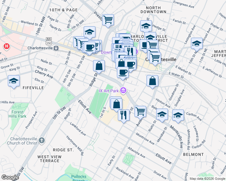 map of restaurants, bars, coffee shops, grocery stores, and more near 521 1st Street South in Charlottesville