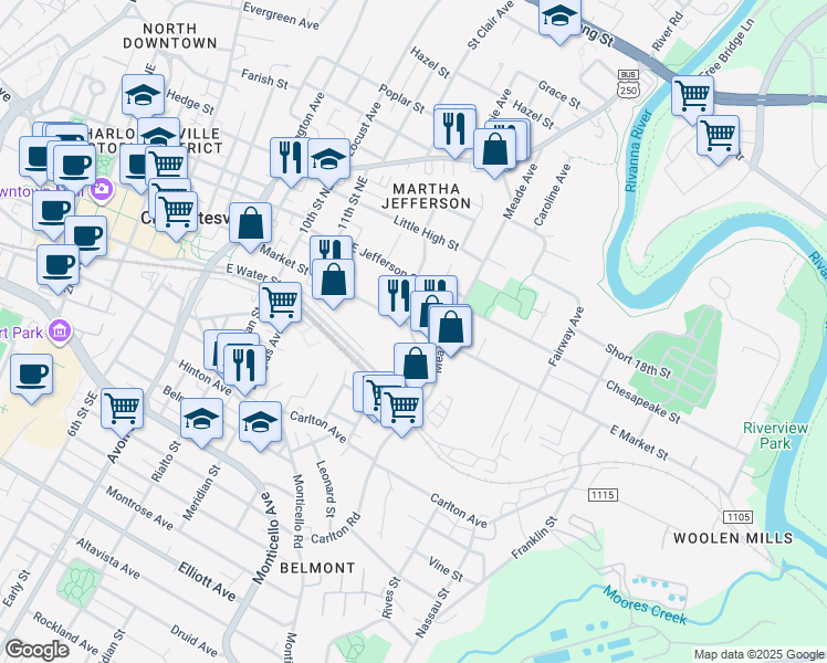 map of restaurants, bars, coffee shops, grocery stores, and more near 1208 East Market Street in Charlottesville