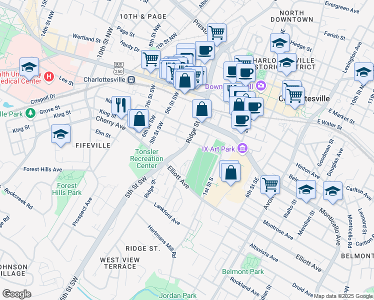 map of restaurants, bars, coffee shops, grocery stores, and more near 512a Ridge Street in Charlottesville