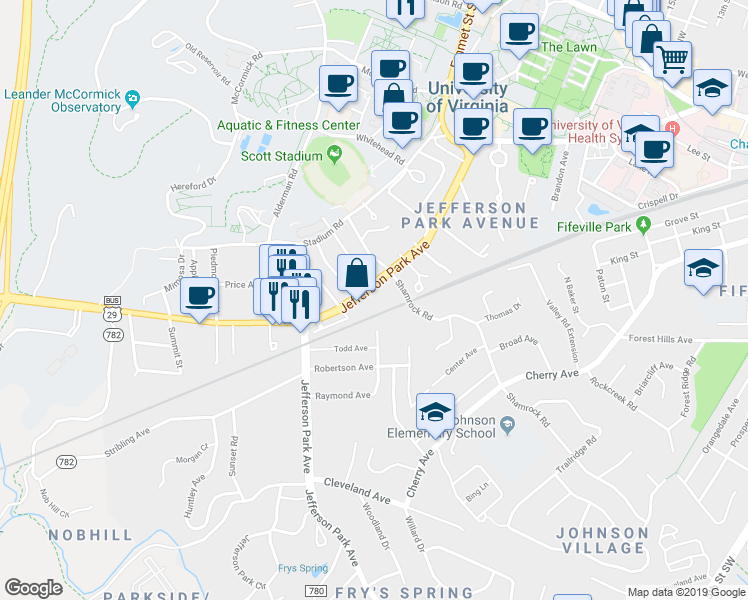 map of restaurants, bars, coffee shops, grocery stores, and more near 1904 Jefferson Park Avenue in Charlottesville