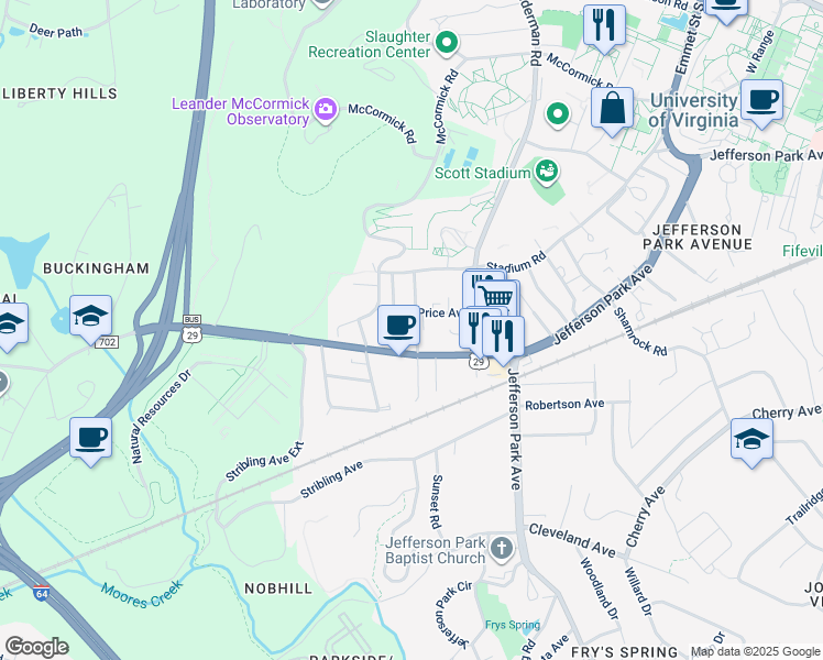 map of restaurants, bars, coffee shops, grocery stores, and more near 107b Piedmont Avenue North in Charlottesville