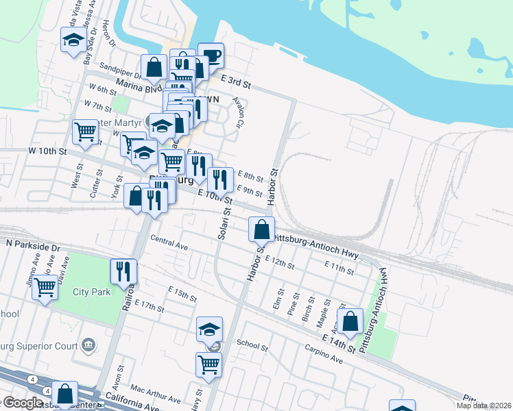 map of restaurants, bars, coffee shops, grocery stores, and more near 475 East 10th Street in Pittsburg