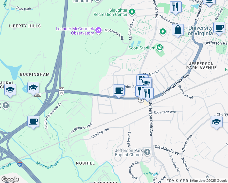 map of restaurants, bars, coffee shops, grocery stores, and more near 124 Mimosa Drive in Charlottesville