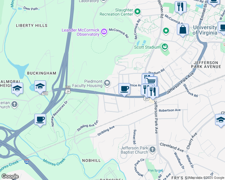 map of restaurants, bars, coffee shops, grocery stores, and more near 109 Mimosa Drive in Charlottesville