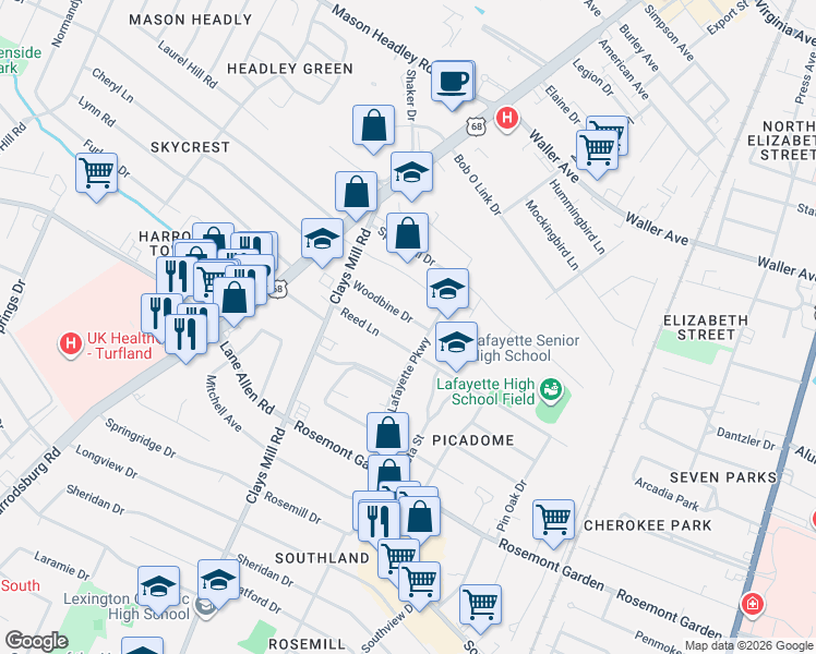 map of restaurants, bars, coffee shops, grocery stores, and more near 513 Reed Lane in Lexington