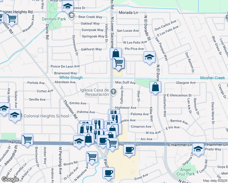 map of restaurants, bars, coffee shops, grocery stores, and more near 8344 Cruden Street in Stockton