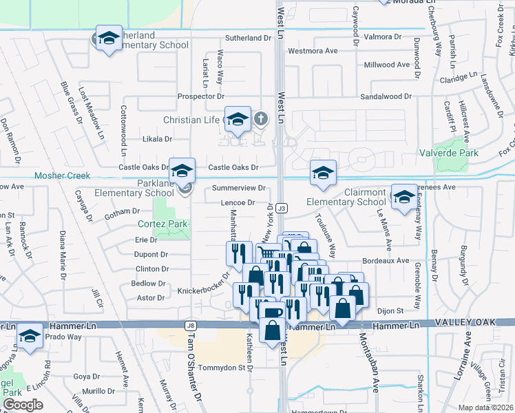 map of restaurants, bars, coffee shops, grocery stores, and more near 1322 Lencoe Drive in Stockton