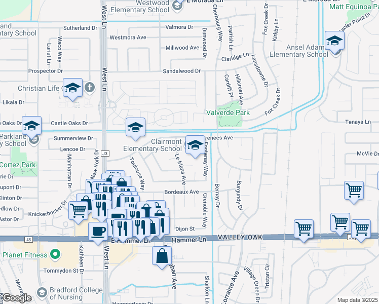 map of restaurants, bars, coffee shops, grocery stores, and more near 8282 Le Mans Avenue in Stockton
