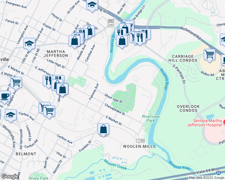 map of restaurants, bars, coffee shops, grocery stores, and more near 1503 Short 18th Street in Charlottesville