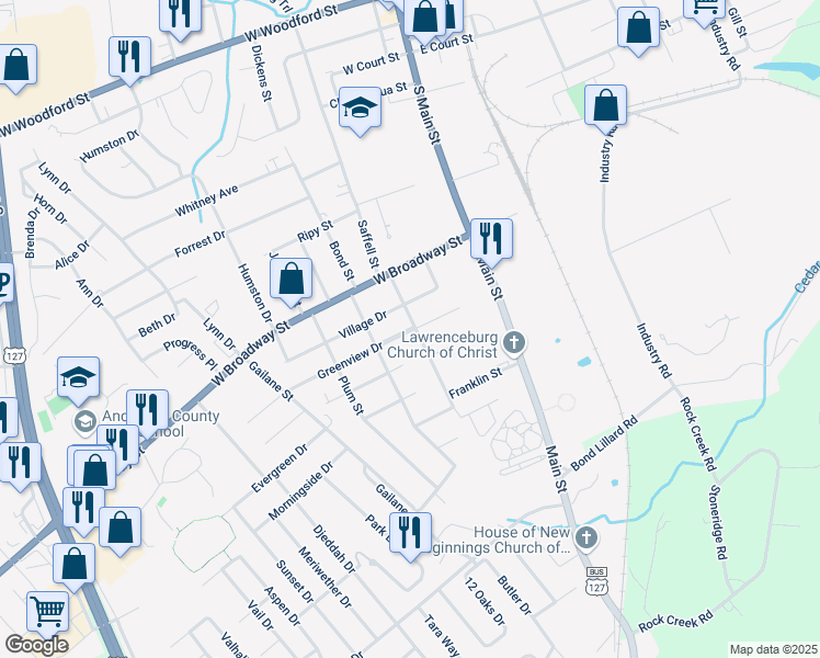 map of restaurants, bars, coffee shops, grocery stores, and more near 110 Greenview Drive in Lawrenceburg