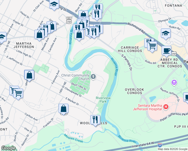 map of restaurants, bars, coffee shops, grocery stores, and more near 427 Riverside Avenue in Charlottesville