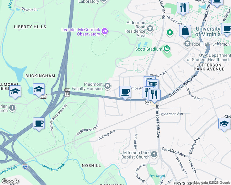 map of restaurants, bars, coffee shops, grocery stores, and more near 124 Mimosa Drive in Charlottesville