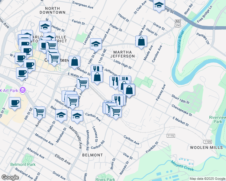 map of restaurants, bars, coffee shops, grocery stores, and more near 1140 42 East Market Street in Charlottesville