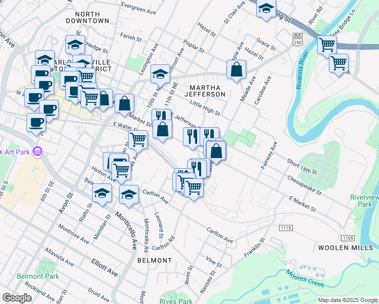 map of restaurants, bars, coffee shops, grocery stores, and more near 1140 42 East Market Street in Charlottesville