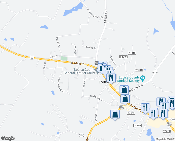 map of restaurants, bars, coffee shops, grocery stores, and more near 102 Cammack Street in Louisa