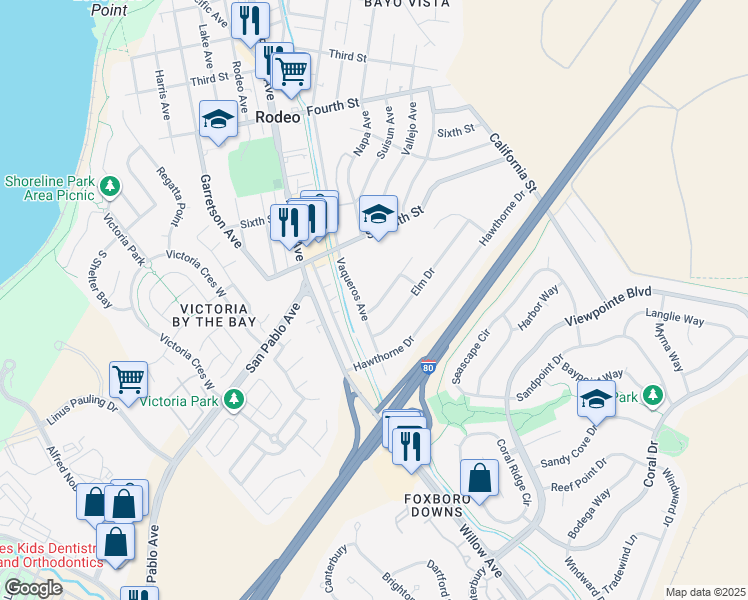 map of restaurants, bars, coffee shops, grocery stores, and more near 806 Spruce Court in Rodeo