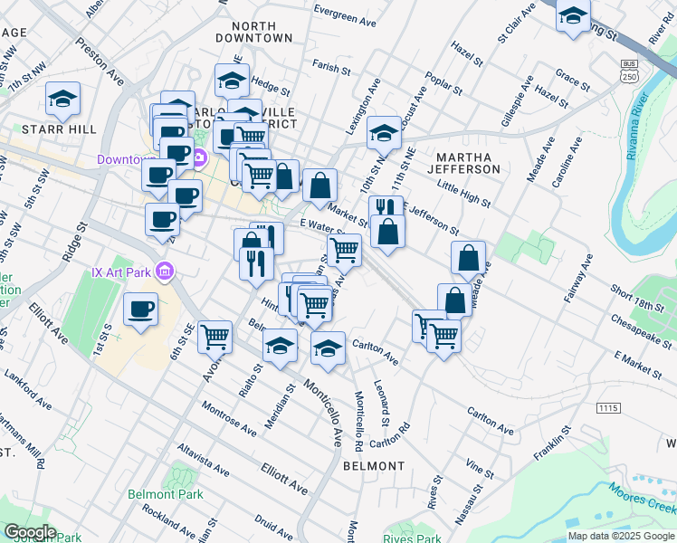 map of restaurants, bars, coffee shops, grocery stores, and more near 207 Douglas Avenue in Charlottesville