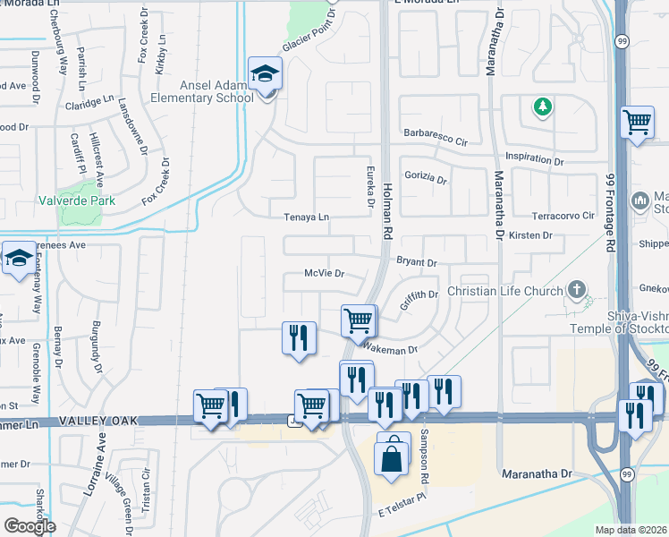 map of restaurants, bars, coffee shops, grocery stores, and more near 3316 McVie Drive in Stockton