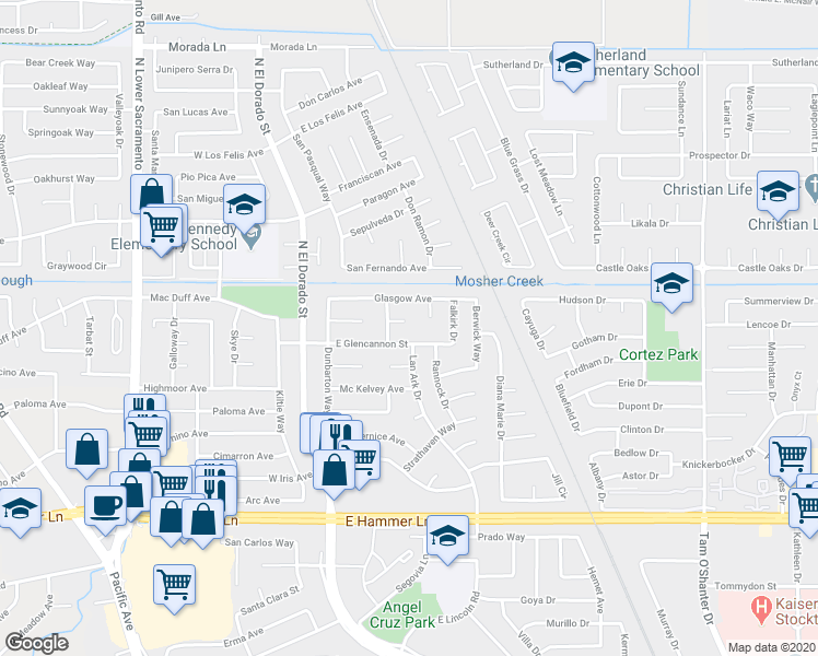 map of restaurants, bars, coffee shops, grocery stores, and more near 221 East Glencannon Street in Stockton