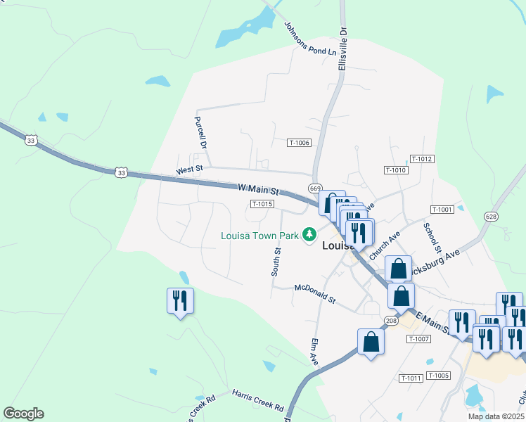 map of restaurants, bars, coffee shops, grocery stores, and more near 120 State Route T-1015 in Louisa