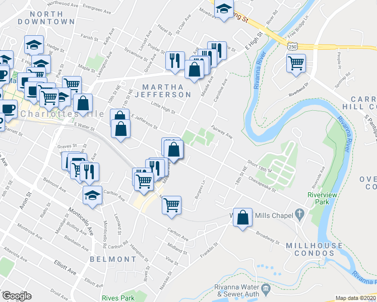 map of restaurants, bars, coffee shops, grocery stores, and more near 208 Meade Avenue in Charlottesville