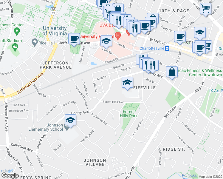 map of restaurants, bars, coffee shops, grocery stores, and more near 1212 Cherry Avenue in Charlottesville