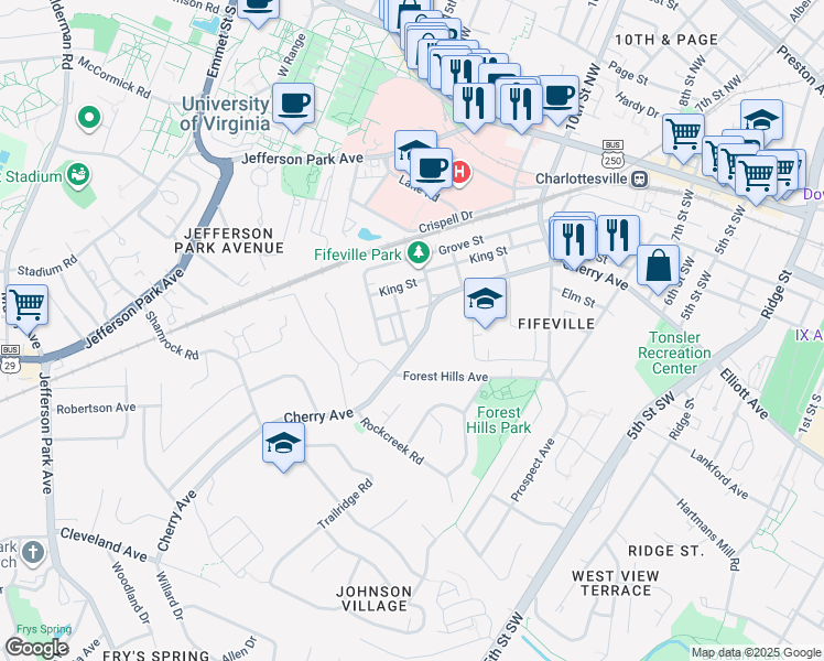 map of restaurants, bars, coffee shops, grocery stores, and more near 1223 Cherry Avenue in Charlottesville