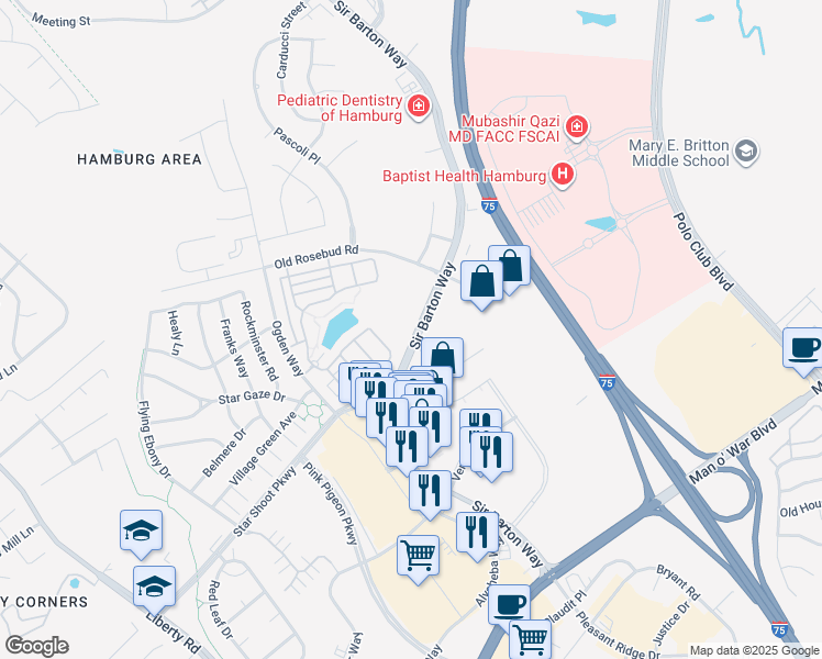 map of restaurants, bars, coffee shops, grocery stores, and more near 2633 Braden Way in Lexington