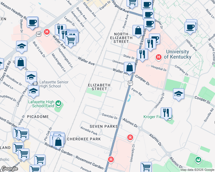 map of restaurants, bars, coffee shops, grocery stores, and more near 1505 Elizabeth Street in Lexington