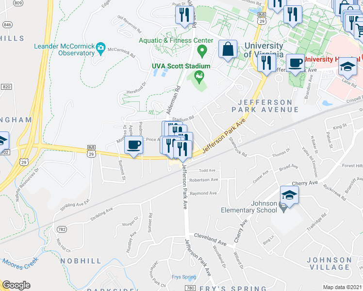 map of restaurants, bars, coffee shops, grocery stores, and more near 108 Maury Avenue in Charlottesville