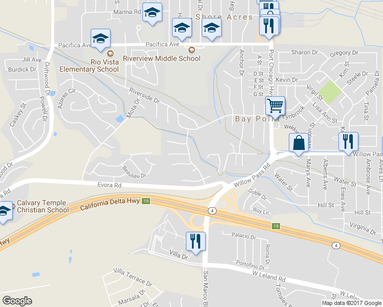 map of restaurants, bars, coffee shops, grocery stores, and more near 2100 Pomo Street in Bay Point