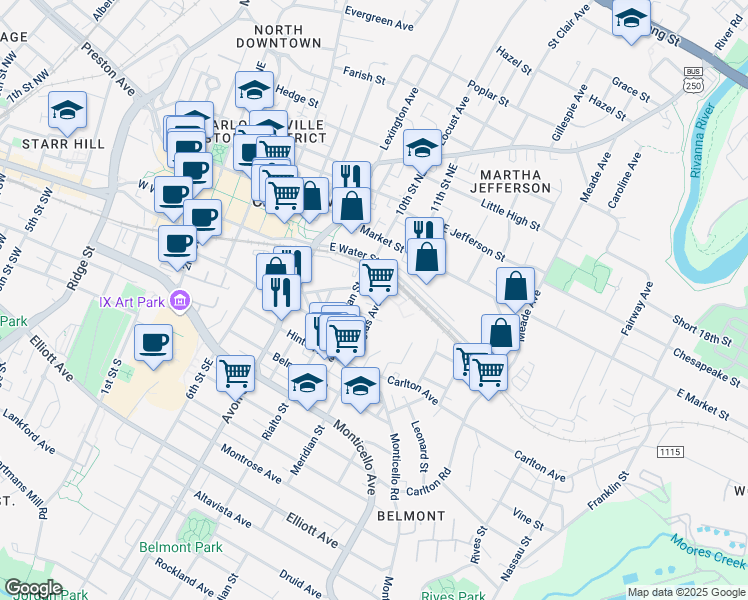 map of restaurants, bars, coffee shops, grocery stores, and more near 207 Douglas Avenue in Charlottesville