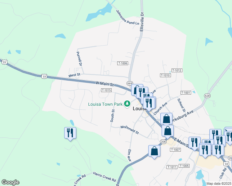 map of restaurants, bars, coffee shops, grocery stores, and more near 108 State Route T-1015 in Louisa