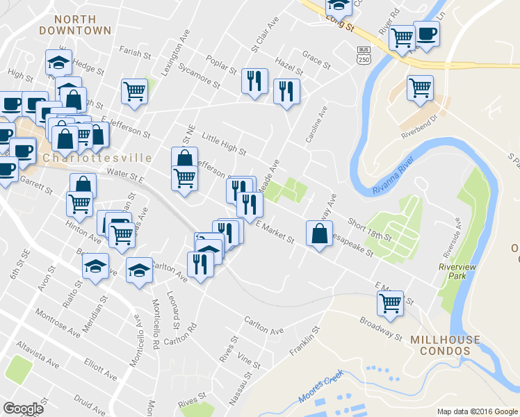 map of restaurants, bars, coffee shops, grocery stores, and more near 208 Meade Avenue in Charlottesville