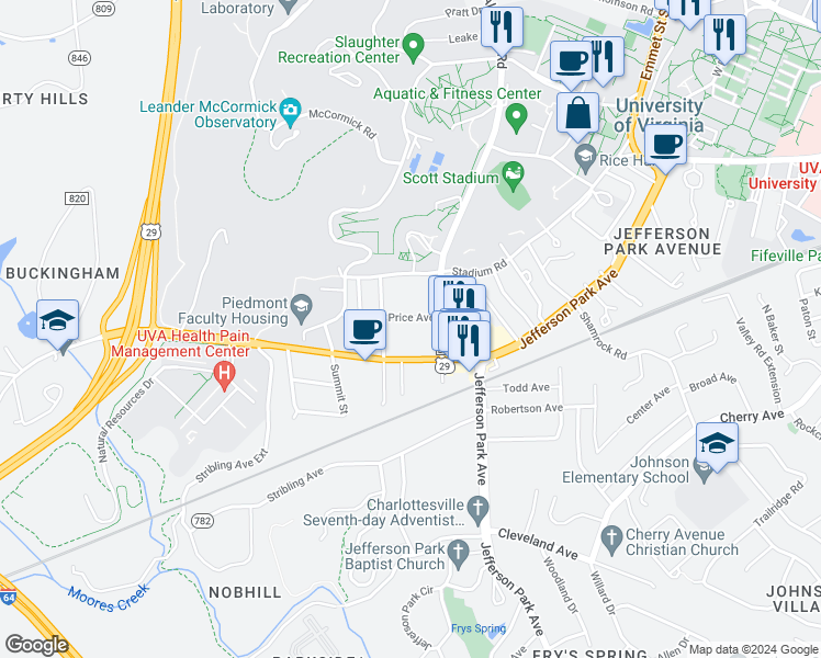 map of restaurants, bars, coffee shops, grocery stores, and more near 2312 Price Avenue in Charlottesville