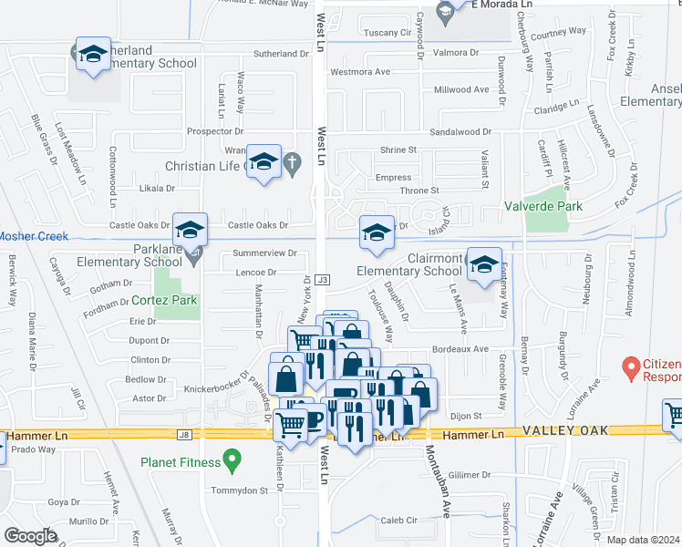 map of restaurants, bars, coffee shops, grocery stores, and more near 1545 Pyrenees Avenue in Stockton