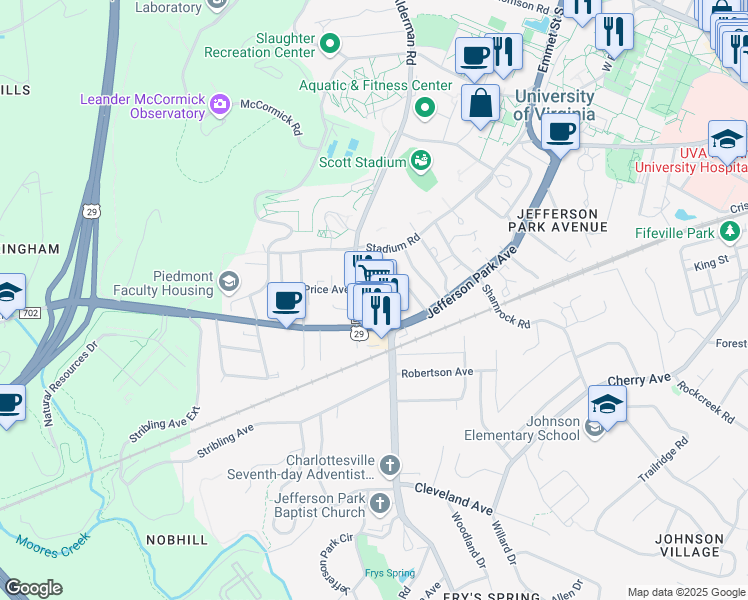 map of restaurants, bars, coffee shops, grocery stores, and more near 124 Maury Avenue in Charlottesville