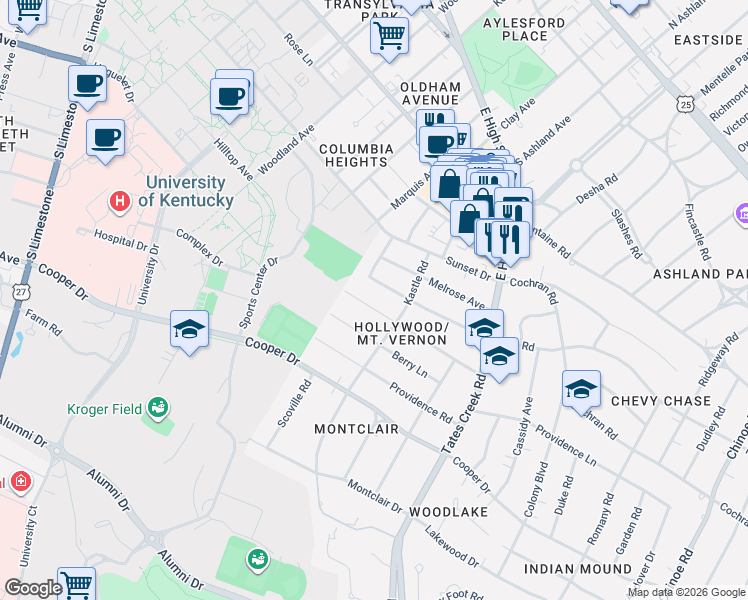 map of restaurants, bars, coffee shops, grocery stores, and more near 672 Mount Vernon Drive in Lexington