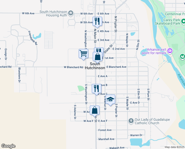 map of restaurants, bars, coffee shops, grocery stores, and more near 16 West Avenue A in South Hutchinson