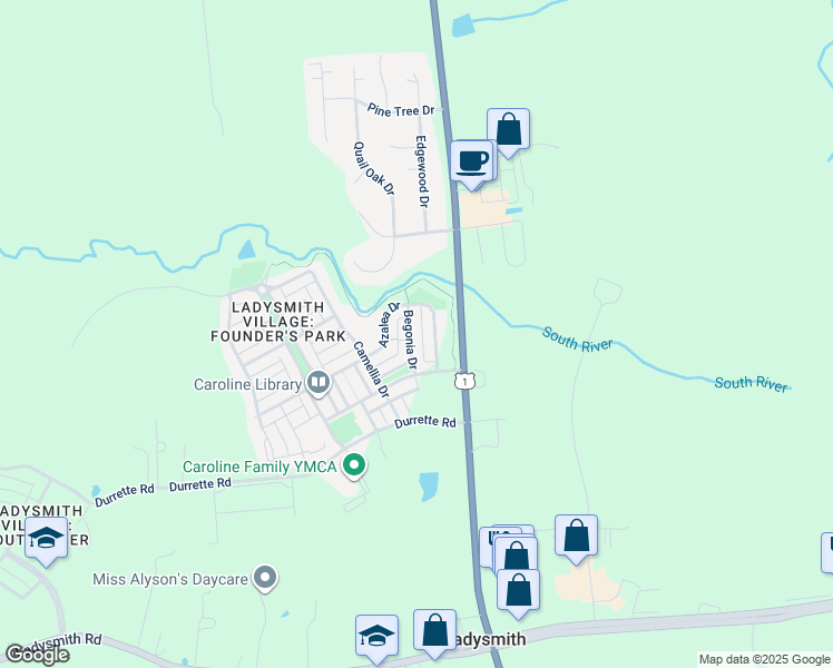 map of restaurants, bars, coffee shops, grocery stores, and more near 17213 Begonia Drive in Ruther Glen