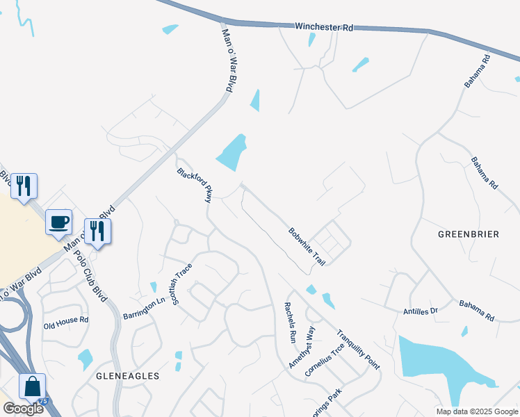 map of restaurants, bars, coffee shops, grocery stores, and more near 2936 Bobwhite Trail in Lexington