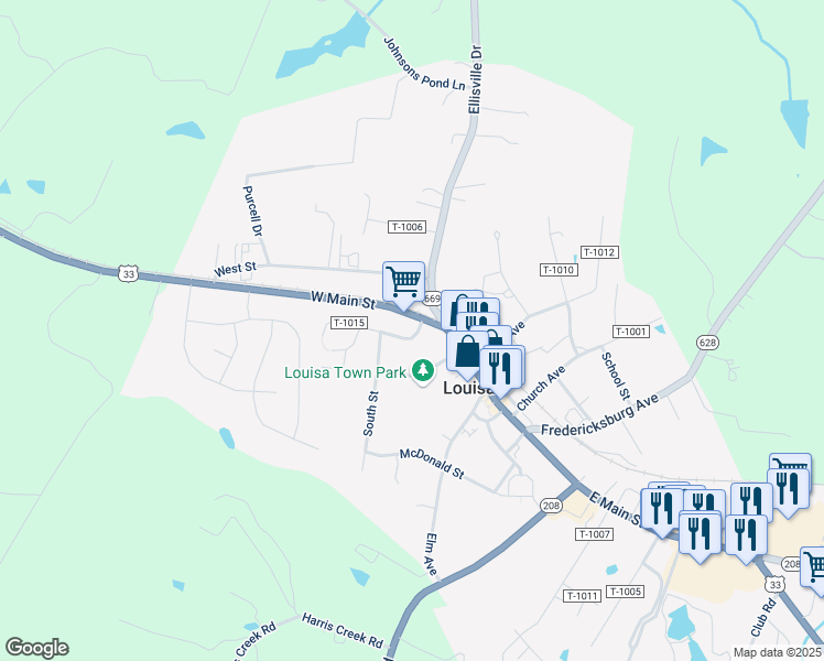 map of restaurants, bars, coffee shops, grocery stores, and more near 100-108 State Route T-1015 in Louisa