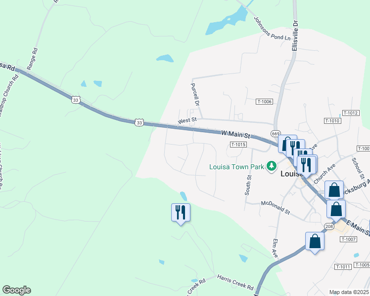 map of restaurants, bars, coffee shops, grocery stores, and more near 405 Evergreen Circle in Louisa