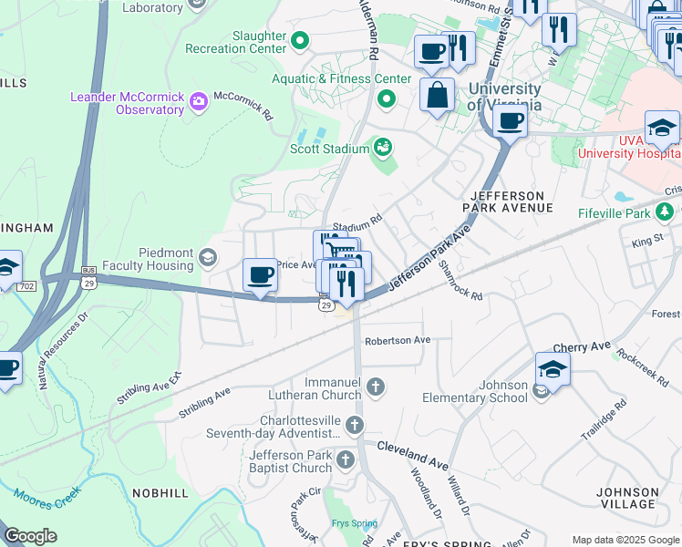 map of restaurants, bars, coffee shops, grocery stores, and more near 124 Maury Avenue in Charlottesville