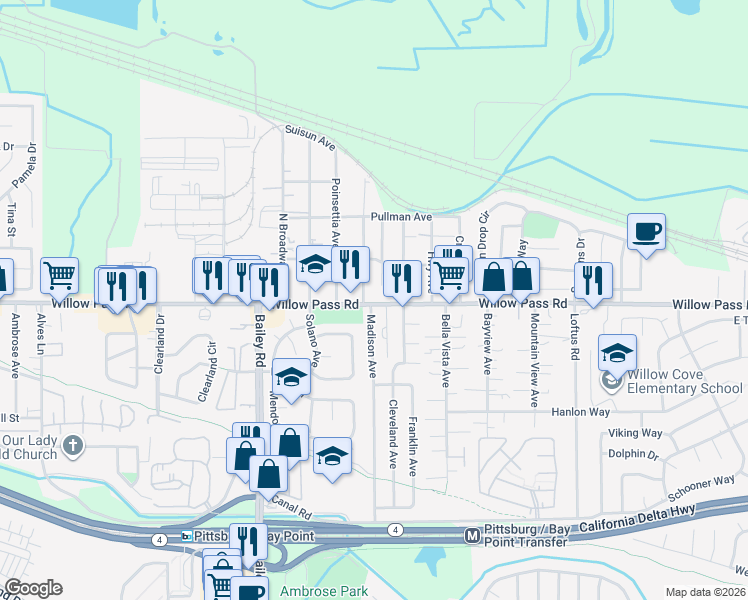 map of restaurants, bars, coffee shops, grocery stores, and more near 2415 Willow Pass Road in Bay Point