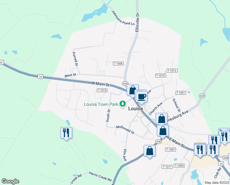 map of restaurants, bars, coffee shops, grocery stores, and more near 105 Cammack Street in Louisa