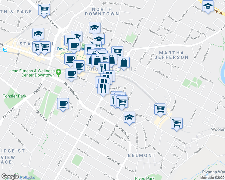 map of restaurants, bars, coffee shops, grocery stores, and more near 719 Levy Avenue in Charlottesville