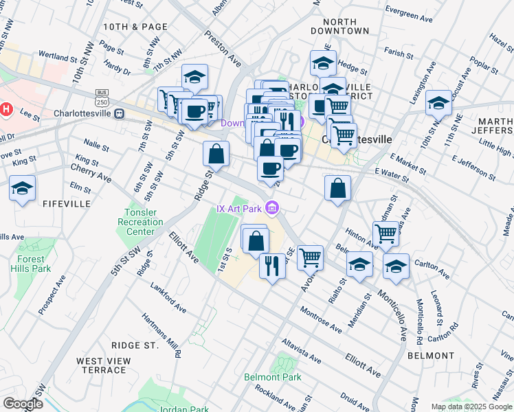 map of restaurants, bars, coffee shops, grocery stores, and more near 943 2nd Street Southeast in Charlottesville